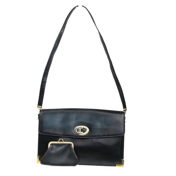 Christian Dior CD Logo Flap Shoulder Bag Leather Black